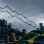 Ilustração conceitual com gráfico de desaceleração da economia brasileira e elementos ligados a indústria, consumo e investimentos