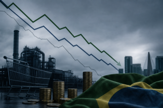 Ilustração conceitual com gráfico de desaceleração da economia brasileira e elementos ligados a indústria, consumo e investimentos