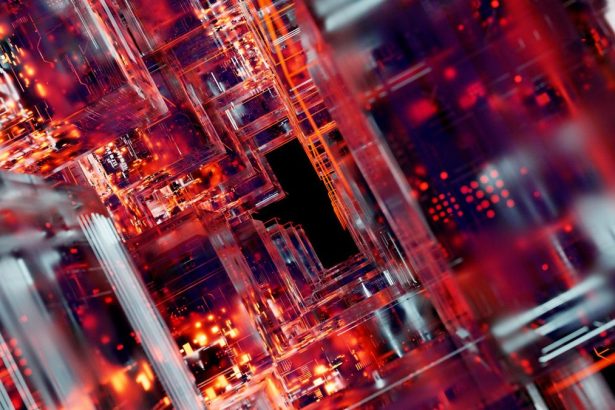 Circuitos digitais futuristas com efeitos luminosos, representando infraestrutura tecnológica e sistemas de inteligência artificial.