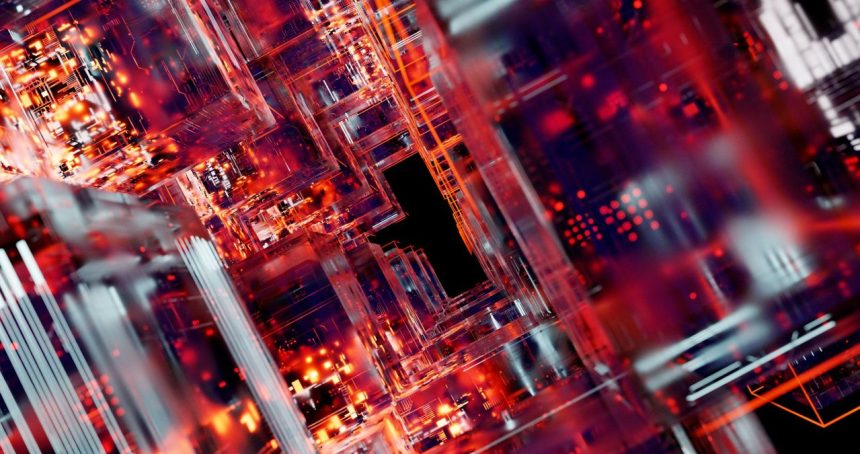 Circuitos digitais futuristas com efeitos luminosos, representando infraestrutura tecnológica e sistemas de inteligência artificial.